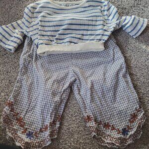 NWOT Emile et Ida Toddler Girl Pant Blouse Blue Embroidered Floral Size 2T